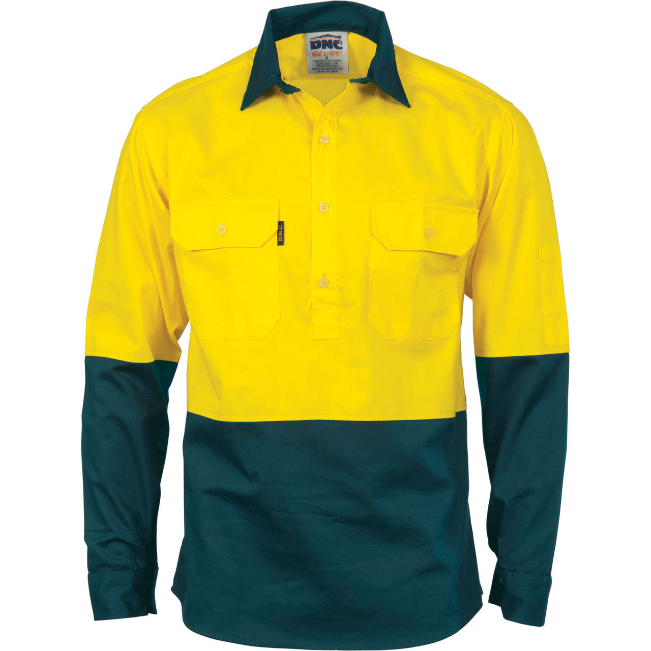 DNC HiVis Two Tone Close Front Cotton Drill Shirt - long sleeve Guss et Sleeve 3834