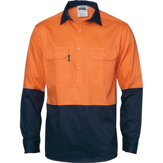 DNC HiVis Two Tone Close Front Cotton Drill Shirt - long sleeve Guss et Sleeve 3834
