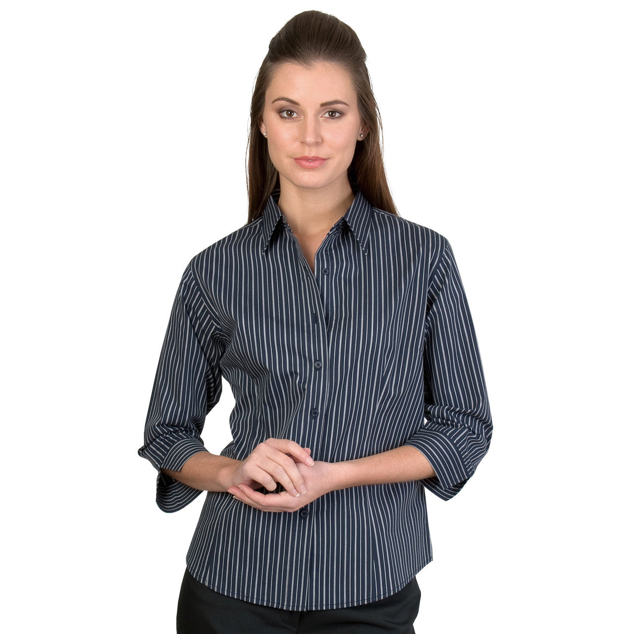 DNC Ladies Stretch Yarn Dyed Contrast Stripe Sh irts - 3/4 Sleeve 4234